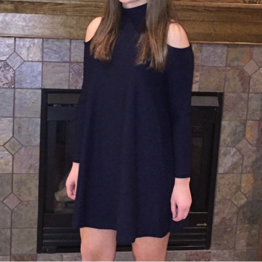 Cold Shoulder Navy Blue Babydoll Swing Mini Dress Mock Neckline